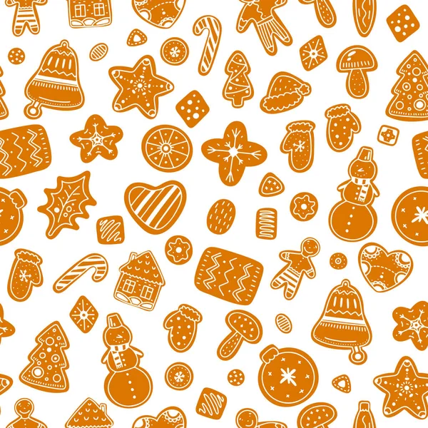 Seamless Cartoon Christmas Gingerbread Cookie Pattern Hand Drawn Pastries White — Vetor de Stock