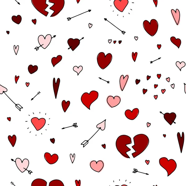 Seamless Doodle Valentine Day Pattern Hand Drawn Red Love Symbols — Stok Vektör