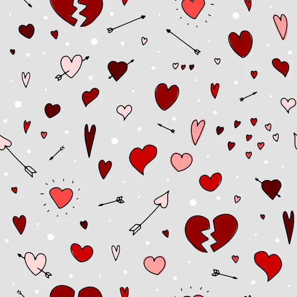 Patrón San Valentín Doodle Sin Costuras Símbolos Amor Rojo Dibujados — Vector de stock