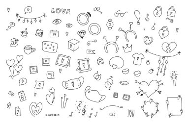 Doodle Sevgililer Günü seti. Beyaz arka planda el çizimi aşk sembolü. Balonlar, yüzükler, çerçeveler, dekorasyonlar, kilitler, kalpli kahve. Duygular tabela koleksiyonu. Vektör Festivali illüstrasyonu