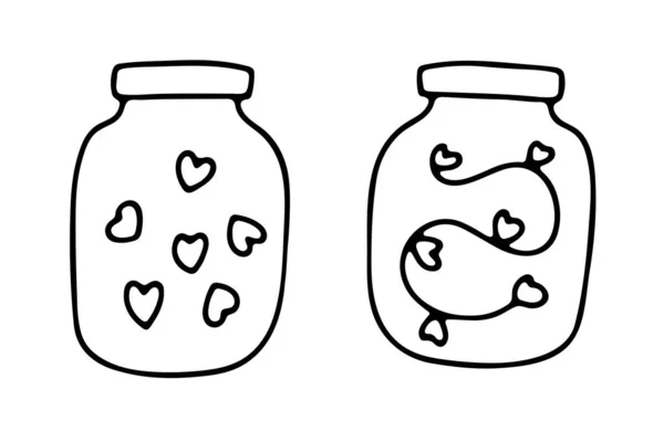 Doodle Glass Jars Hearts Outline Transparent Container Isolated White Background — Stock Vector