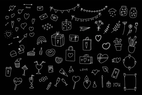 Doodle Valentinstag Set Handgezeichnete Umrisse Liebessymbol Auf Schwarzem Hintergrund Niedliche — Stockvektor