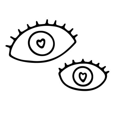 Hand-drawn black outline eye with eyelashes isolated on white background. Loving look with a heart shaped pupil. Symbol of love, romance, Valentine's Day, wedding, feelings. Vector doodle illustration