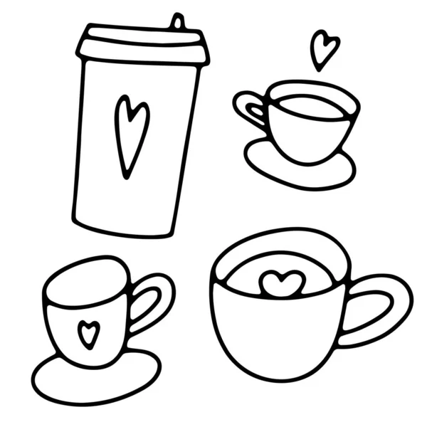 Doodle Kaffeetassen Set Vorhanden Nettes Heißgetränk Isoliert Auf Weißem Hintergrund — Stockvektor