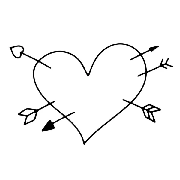 ドードルバレンタインデーの心 手描きアウトライン白い背景に隔離された愛のシンボル かわいいグリーティングカードハート矢印でピアス 2月14日 結婚式 感情のサイン ベクトルバレンタインイラスト — ストックベクタ