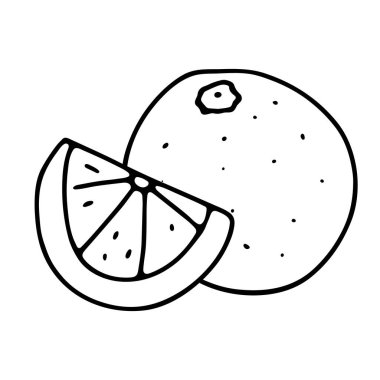 Karalama portakalı. Beyaz arka planda el yapımı narenciye. Lezzetli meyve yazın, sağlıklı beslenmenin ve doğal gıdanın sembolüdür. İçecekler, meyve suyu, menü. Vektör illüstrasyonu