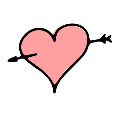 Doodle Sevgililer Günü kalbi. Beyaz arka planda elle çizilmiş pembe aşk sembolü. Okla delinmiş şirin bir tebrik kartı. 14 Şubat, düğün, duygu işareti. Vektör Sevgililer Günü illüstrasyonu