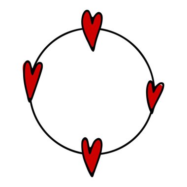 Doodle Sevgililer Günü daire çerçevesi. Beyaz arka planda izole edilmiş kırmızı kalplerle el çizimi renk şablonu. 14 Şubat tabelası. Tatlı Sevgililer Günü 'nün boş sınırı. Uzayı kopyala Vektör Festivali illüstrasyonu