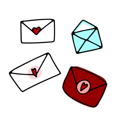 Kalpli karalama zarfları. El çizimi harf beyaz arka planda izole. İletişim işareti, mesaj, posta, Sevgililer Günü, 14 Şubat Sevgililer Günü, Sevgililer Günü. Vektör şirin illüstrasyon