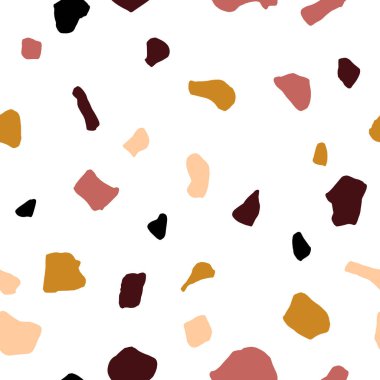 Soyut, biçimsiz Terrazzo fayans deseni. Taşlı ve kaya parçalı kaotik mozaik. Mermer renkli bohem dokusu. Arkaplan, iç mekan, döşeme, tekstil, ambalaj için vektör illüstrasyonu