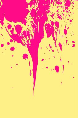Soyut vektör grunge illüstrasyonu. Pembe, sarı arka plana boya sıçramış. Damlayan leke, damlalar, lekeler, sıvı mürekkep. El yapımı dokuma afişi. Akışkan sanat, mermer etkisi. Boşluğu kopyala
