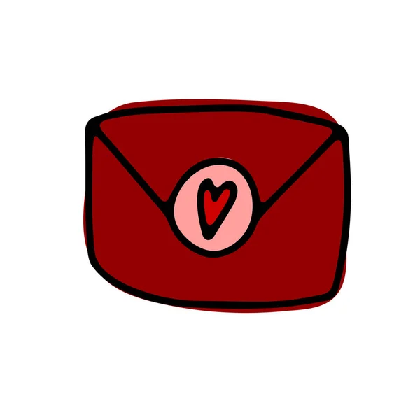 Doodle Envelope Correspondência Com Coração Ícone Letra Vermelha Desenhado Mão — Vetor de Stock