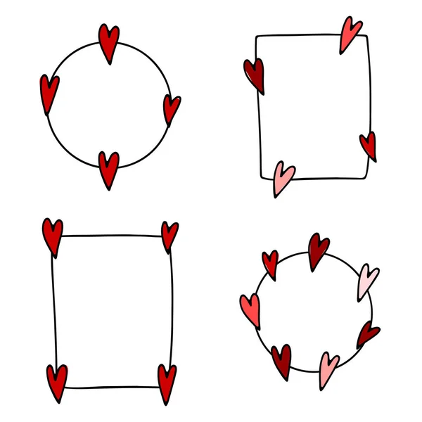 Set Doodle Valentines Day Frame Templat Garis Luar Gambar Tangan - Stok Vektor