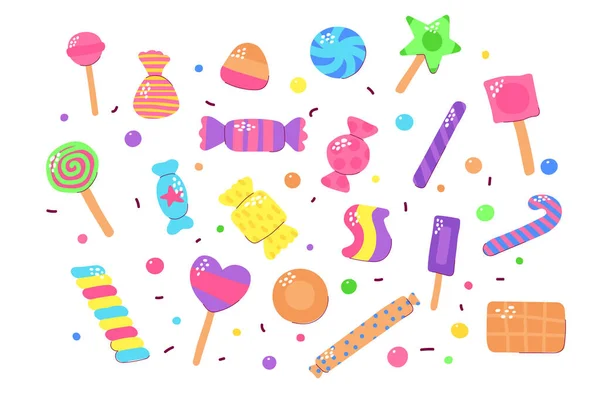 Cute multicolored candy set. Sugar Sweets isolated on white background. Gummy, Chocolate, Caramel, Lollipops, Jelly, Peppermint, Marmalade, Drops of different shapes. Vector cartoon funny illustration