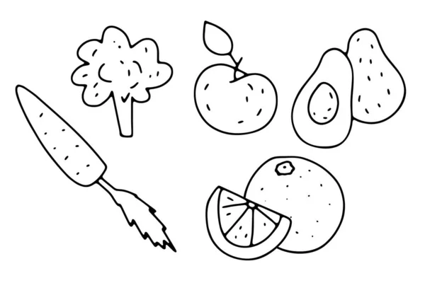 Doodle Verduras Frutas Conjunto Zanahoria Dibujada Mano Brócoli Naranja Manzana — Archivo Imágenes Vectoriales