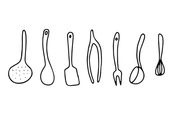 Doodle Set Articoli Cucinare Cibo Contorno Piatto Setacciatura Colino Posate — Vettoriale Stock