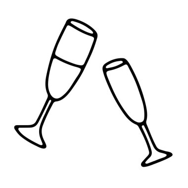 Prosecco 'lu Doodle Glass, şampanya. Beyaz arka planda izole edilmiş kutlama içkisi. Şenlik için şarap kadehi, yeni yıl, Noel tatili, doğum günü, sevgililer günü illüstrasyonu.