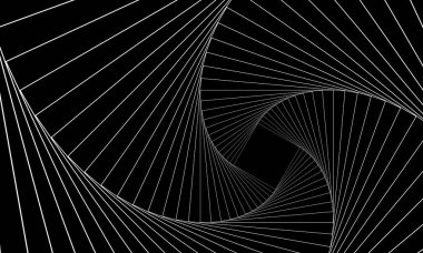 Soyut geometrik afiş. Siyah arka planda dönen beyaz çizgiler. Girdap karesi, dalga çizgileri, dönme hareketi, neon spiral görüntü. Fütürist büküm şeması arka planı. Vektör optik sanat illüstrasyonu