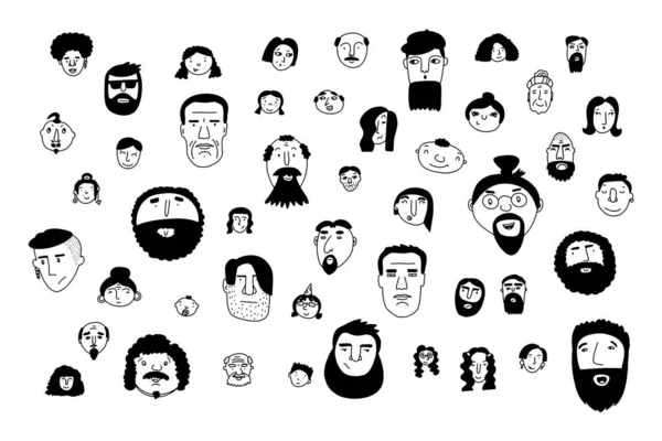 Doodle Niedliche Gesichter Gesetzt Handgezeichnete Umrisse Von Menschen Isoliert Auf Stockillustration