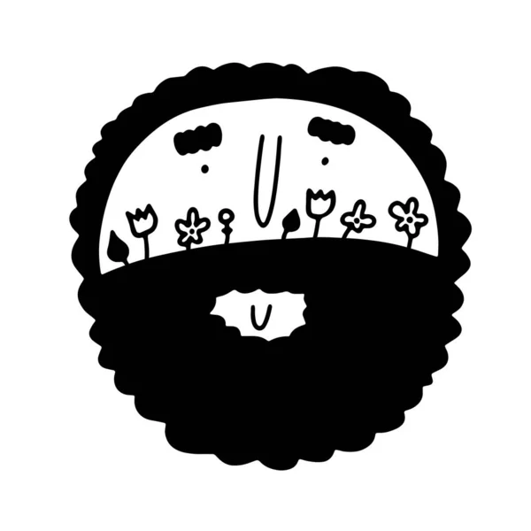 Doodle Cara Masculina Con Flores Hierbas Barba Esquema Dibujado Mano — Vector de stock