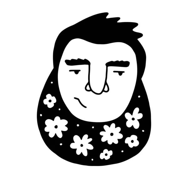 Doodle Cara Escéptica Masculina Con Flores Barba Hombre Contorno Dibujado — Vector de stock