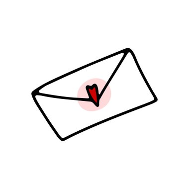 Kırmızı kalpli karalama zarfı. Beyaz arkaplanda el çizimi harf simgesi izole edildi. İletişim işareti, mesaj, posta, Sevgililer Günü, 14 Şubat Sevgililer Günü, Sevgililer Günü. Vektör şirin illüstrasyon