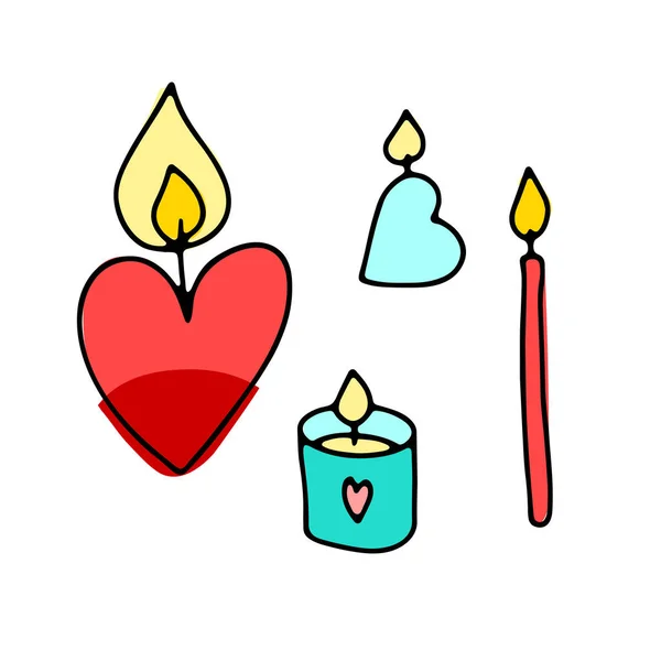 Cute Doodle Candles Set Decoração Cores Desenhada Mão Diferentes Formas — Vetor de Stock