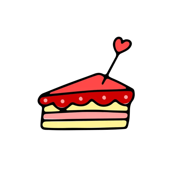 Doodle Kuchen Mit Sahne Bonbonherz Handgezeichnete Rote Farbe Süßes Dessert — Stockvektor