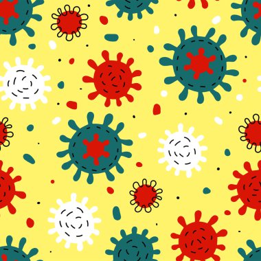 Kusursuz Doodle Coronavirus işaret şablonu. Çizgi film kırmızı mavi yeşil virüs hücresi sarı arkaplanda izole edildi. Hastalığın sembolü, zatürree, morfin, ilaç, tedavi, sağlık. Vektör tıbbi illüstrasyon