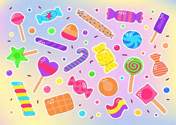 Leuke Kleur Snoep Sticker Set Suiker Sweets Een Gradiënt Achtergrond — Stockvector