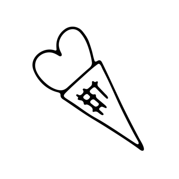 Doodle Eis Waffelkegel Form Eines Herzens Auf Weißem Hintergrund Isoliert — Stockvektor