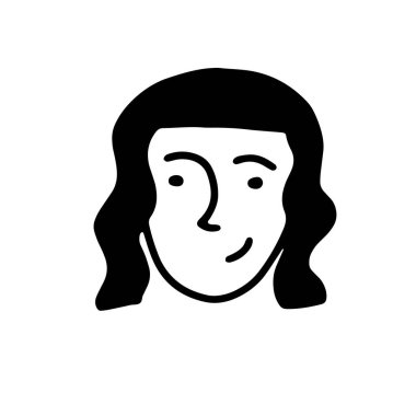 Doodle 'ın kız yüzü. Beyaz arka planda izole edilmiş elle çizilmiş bir insan. Gülen komik Avatar. Çizgi filmdeki kıvırcık kadın. Kadın portresi. Güzel saç stili, olumlu duygular. Vektör illüstrasyonu
