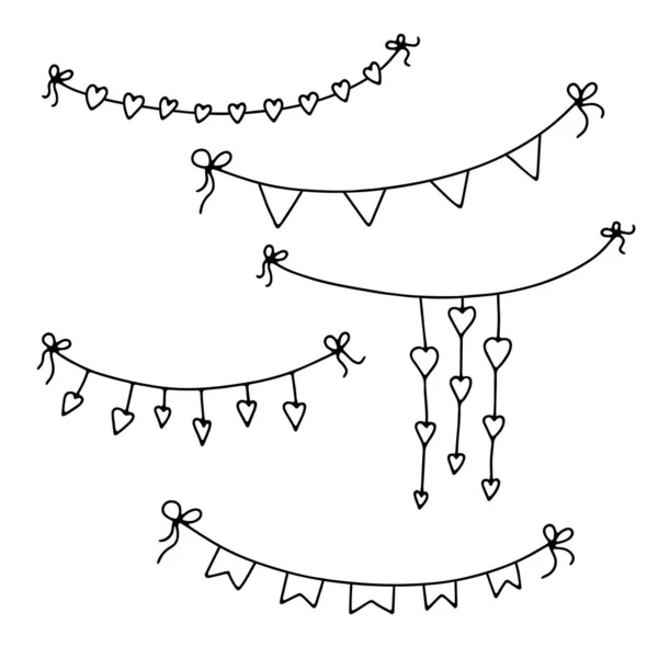 Doodle Sevgililer Günü çelenkleri hazır. Beyaz arka planda el yapımı fötr şapka. Kalpli, bayraklı, kurdeleli, fiyonklu şenlik dekorasyonu. Tatil, doğum günü, düğün için vektör illüstrasyonu