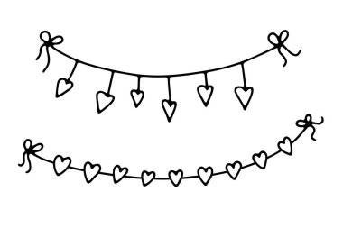 Doodle Sevgililer Günü çelenkleri hazır. Beyaz arka planda el yapımı fötr şapka. Kalpli, kurdeleli, fiyonklu, şenlikli dekorasyon. Tatil, doğum günü, düğün için vektör aşk illüstrasyonu