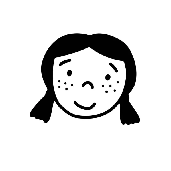 Doodle Smiling Kind Girl Freckles Hand Drawn Baby Face Isolated — Stock Vector