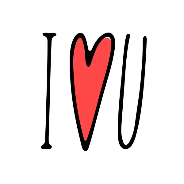 Doodle Lettering Love You Red Heart Texto Dibujado Mano Sobre — Vector de stock