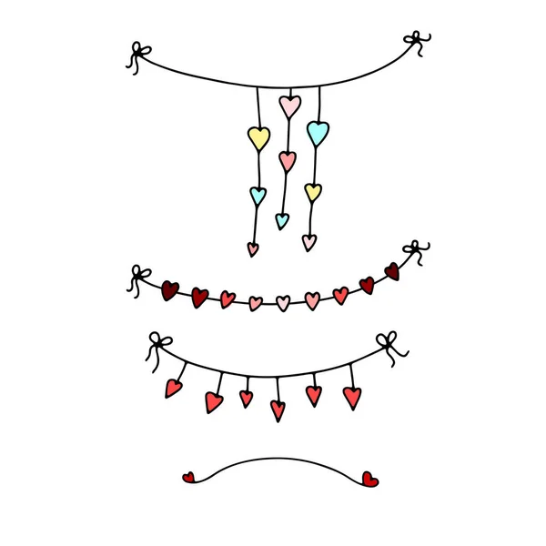 ドードルバレンタインデーガーランドを設定します 白い背景に描かれた手描きのフェスティバル ハート リボン 弓で色のお祝いの装飾 誕生日 結婚式のためのベクトルスケッチの愛のイラスト — ストックベクタ