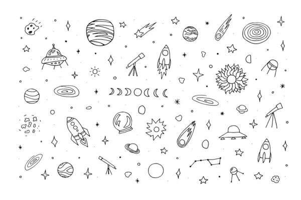 Ruimte Doodle Set Planeet Raketten Sterren Kometen Ufo Asteroïde Maan Rechtenvrije Stockillustraties