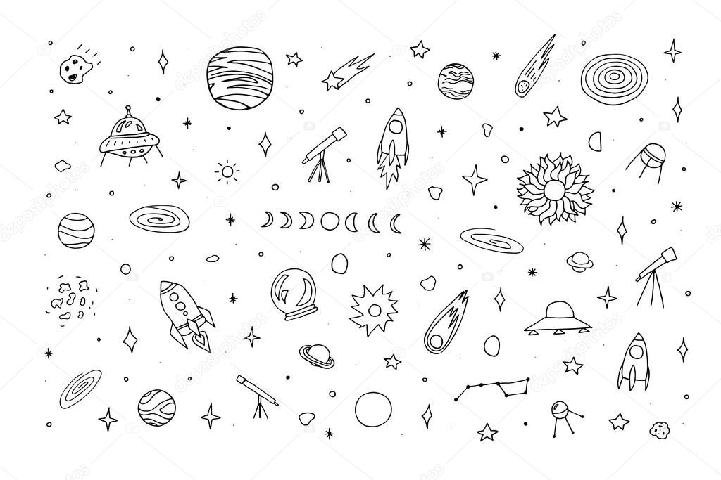 Space doodle set. Planet, rockets, stars, comets, ufo, asteroid, moon, constellations isolated on white background. Outline astronomical objects collection. Vector childrens educationcute illustration