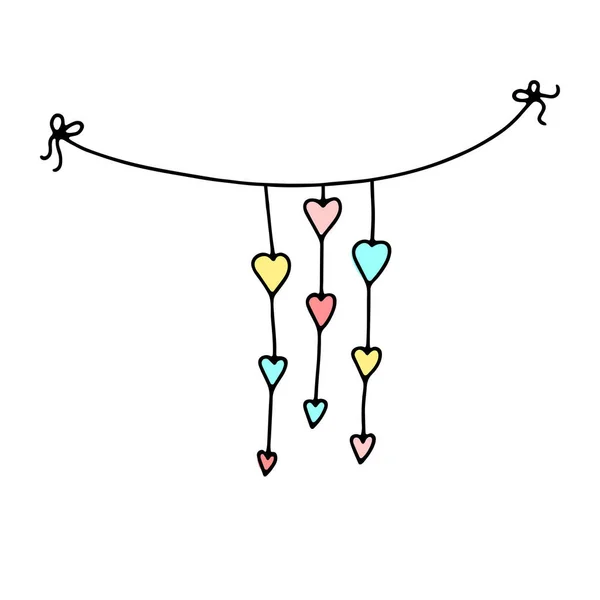 落書きバレンタインデースレッドガーランド 白い背景に描かれた手描きのフェスティバル ハート リボン 弓で色のお祝いの装飾 誕生日 結婚式のためのベクトル愛のイラスト — ストックベクタ