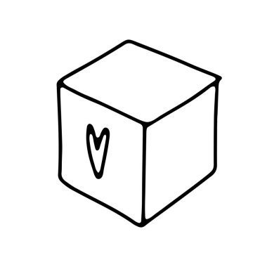 Şirin karalama hediye kutusu etiketi. Beyaz arka planda elle çizilmiş taslak mevcut. Kalp izli küp. Tatil, sevgililer günü, Noel, doğum günü, çocuklar için oyuncak sembolü. Vektör illüstrasyonu