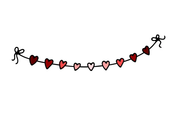 落書きバレンタインデースレッドガーランド 白い背景に描かれた手描きのフェスティバル ハート リボン 弓で色のお祝いの装飾 誕生日 結婚式のためのベクトル愛のイラスト — ストックベクタ