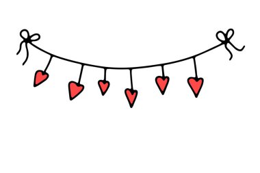 Doodle Sevgililer Günü İplik Garland. Beyaz arka planda el yapımı fötr şapka. Kalpli, kurdeleli, fiyonklu renkli dekorasyon. Tatil, doğum günü, düğün için vektör aşk illüstrasyonu