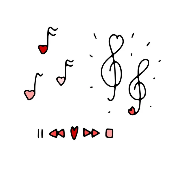 Doodle Valentines Muzikale Tekens Set Met Hand Getekend Liefdessymbool Witte — Stockvector