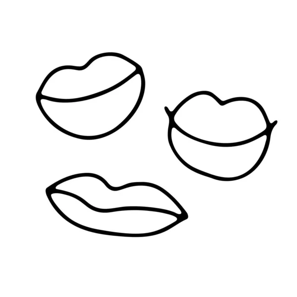 Set Labbra Con Contorno Nero Disegnato Mano Bocca Isolata Sfondo — Vettoriale Stock