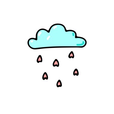 Doodle Sevgililer Günü bulutu. Beyaz arka planda elle çizilmiş aşk sembolü. Renkli kawaii baskısı. Sevimli kalp şeklinde yağmur tebrik kartı. Romantik hava durumu. Vektör konsepti çizimi çizimi