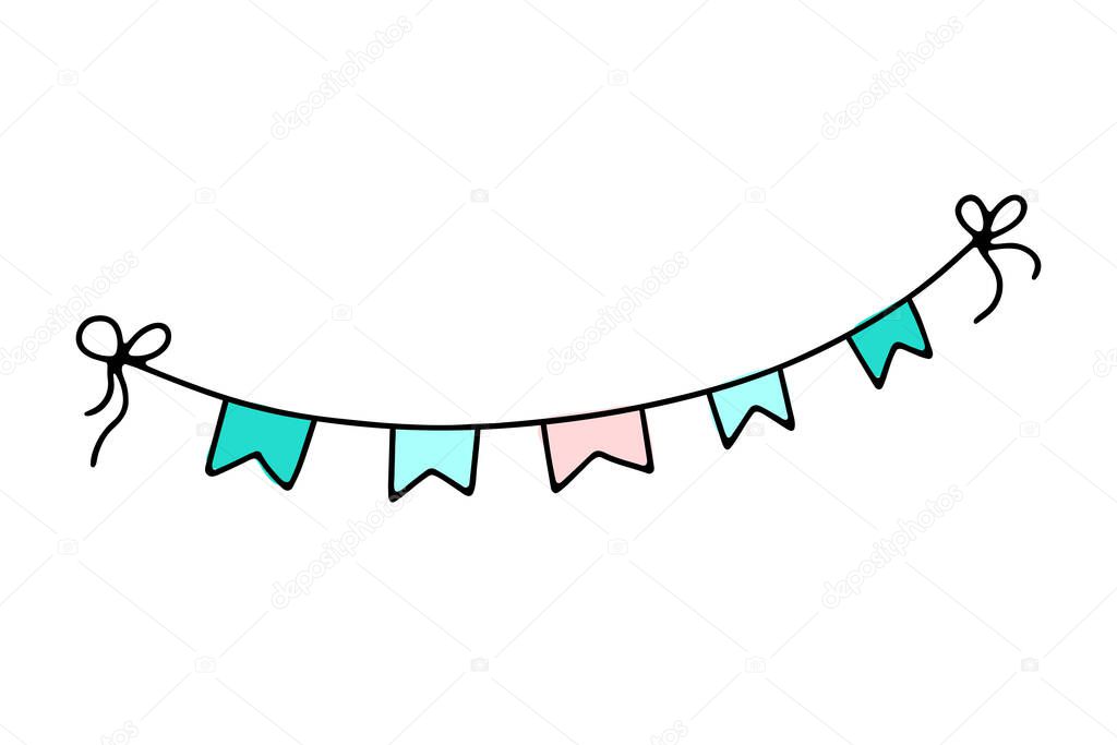 Doodle decorative Garland. Hand-drawn blue festoon isolated on white background. Outline festive decoration with flags, ribbon, bows. Vector illustration for a holiday, birthday, wedding, gender party
