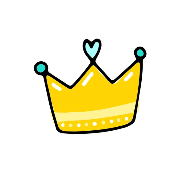 Doodle Crown Szívvel Kézzel Rajzolt Aranyos Diadem Tartozék Elszigetelt Fehér — Stock Vector