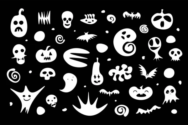 Happy Halloween Set Weiße Handgezeichnete Gespenster Kürbis Skelett Totenköpfe Fledermaus — Stockvektor