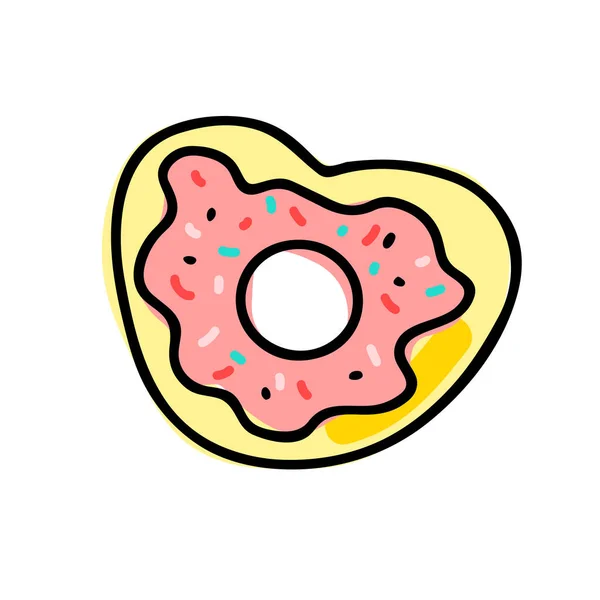 Doodle Donut Forma Coração Com Polvilhas Sobremesa Bonito Rosa Desenhado —  Vetores de Stock